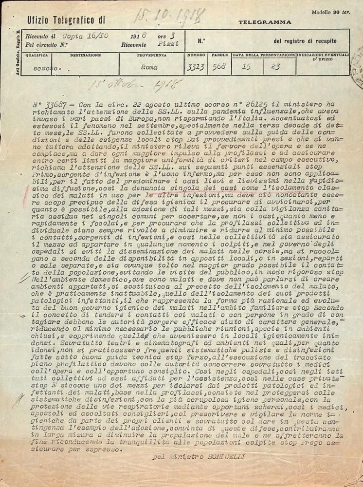 In data 15 ottobre 1918 il Governo invia alle prefetture indicazioni per contenere il contagio.