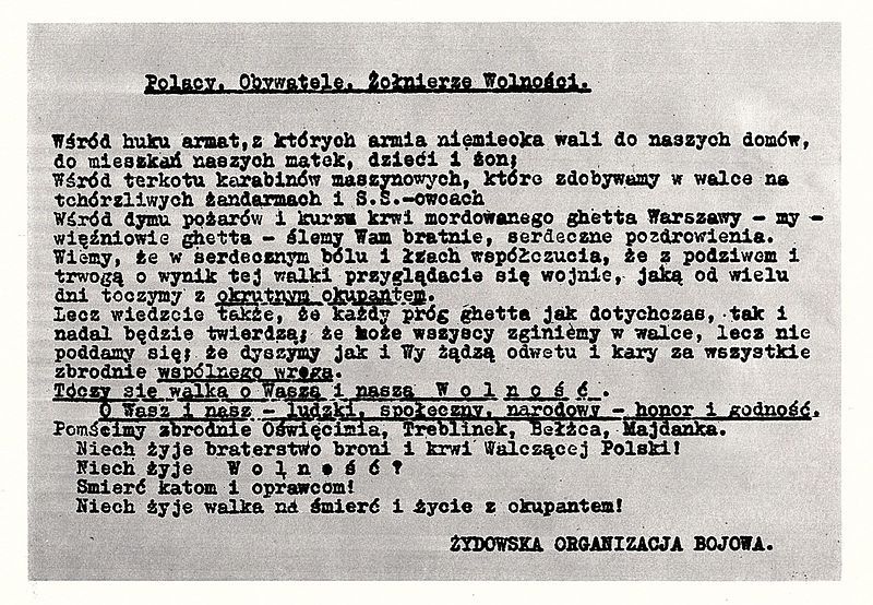Odezwa Żydowskiej Organizacji Bojowej do Polaków. Źródło; Wikipedia Commons - domena publiczna